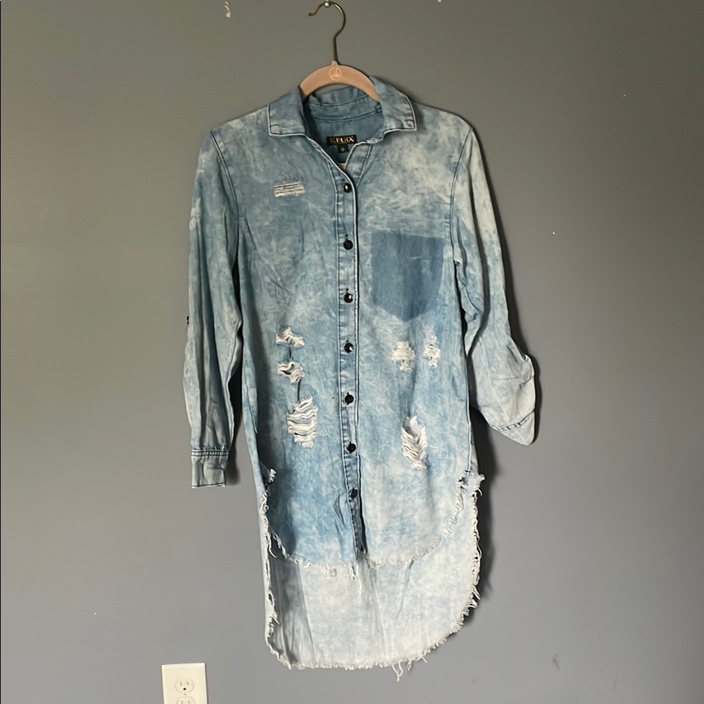 Guess Light Blue Distressed Shirt Dress